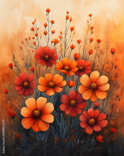 Wallpaper Mural Watercolor floral border frame with autumn flowers and foliage, warm orange, deep red, and golden yellow hues, rustic and cozy, loose and natural brushstrokes, fall season theme Torontodigital.ca
