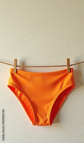 Bright orange bikini bottom hanging on a clothesline, perfect for summer fashion, swimwear collections, or beach-themed designs. photo