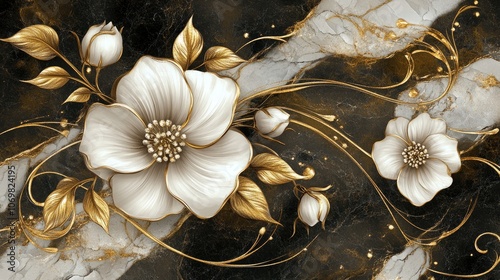 Sophisticated Gold and White Embossed Floral Design – Luxurious Flower and Leaf Motif with 3D Effect on Dark Background, Ideal for Elegant Invitations, High-End Design