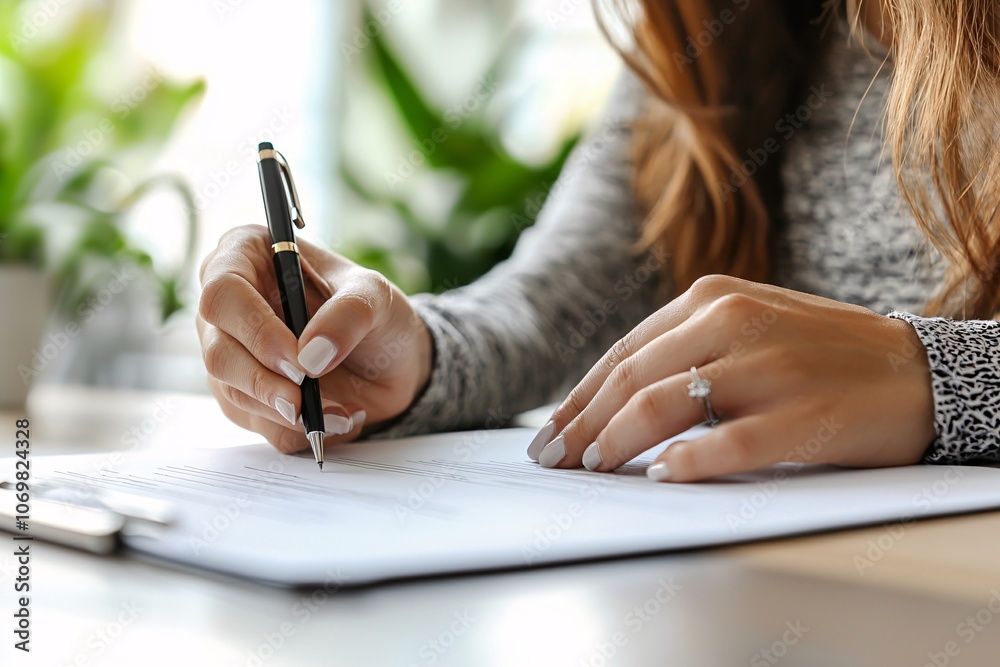Woman Signing Document Close-up. Woman Signing Document Close-up.
