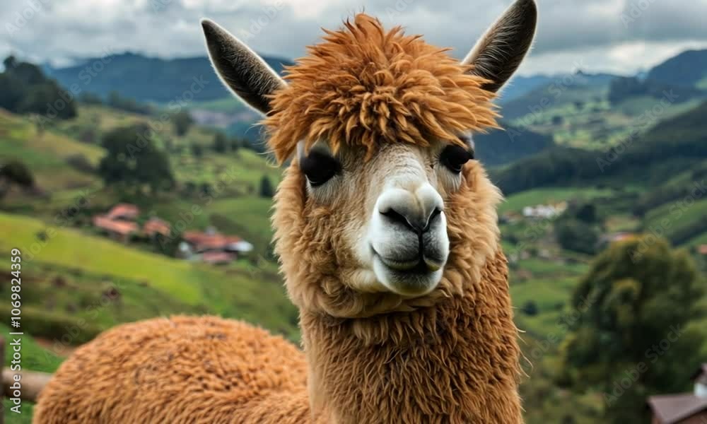 Charming Alpaca Gazing in Scenic Mountain Landscape on a Cloudy Day with Vibrant Green Backdrop