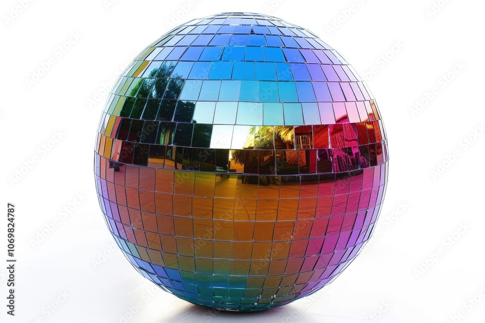 Obraz premium Large mirror ball with multi colored reflections isolated on a white background.