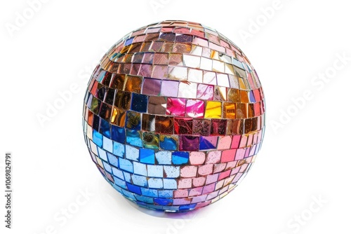 Large mirror ball with multi colored reflections isolated on a white background.