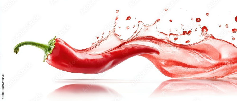 Chili Pepper Splash: A vibrant red chili pepper bursts into a dynamic splash of liquid, creating a visually stunning image perfect for food, beverage, or spice-related projects. The image is sharp.