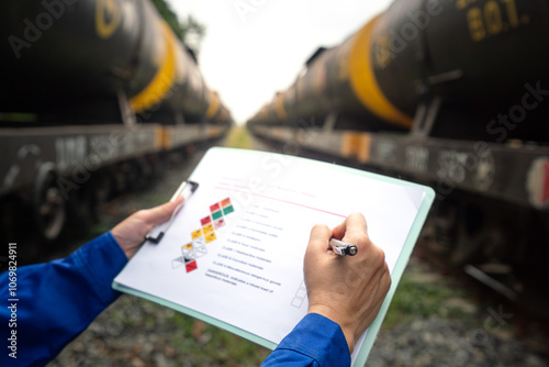 A worker is checking on chemical hazardous material checklist form with background of train tanker that prepare for transport. Industrial safety working practice concept, close-up and selective focus. photo