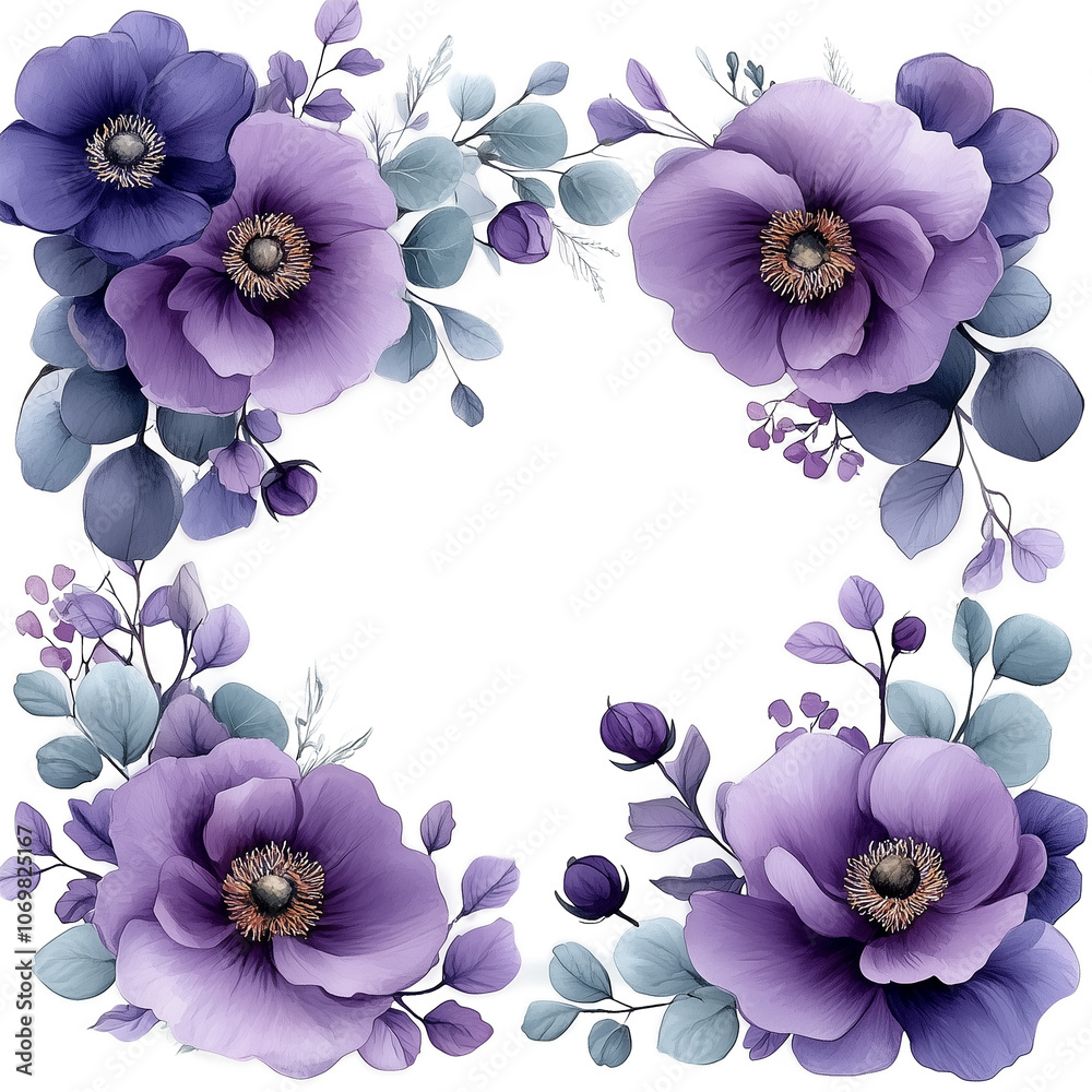 custom made wallpaper toronto digitalWatercolor floral border - frame. Violet flowers and eucalyptus greenery illustration isolated on transparent background. Purple roses, lilac peony for wedding stationary