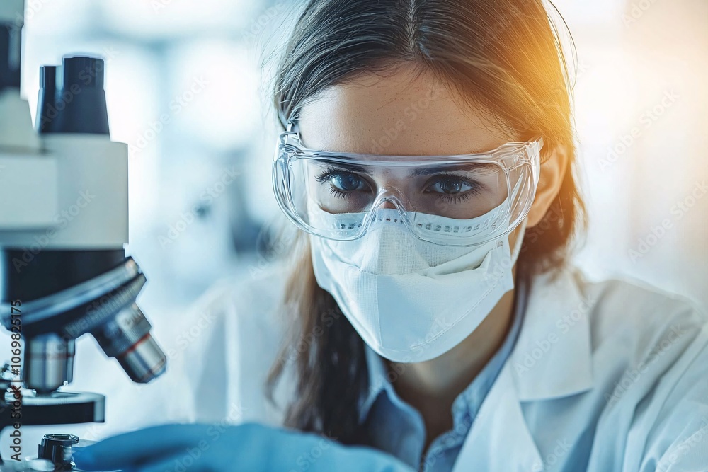 Woman Scientist Looking Through Microscope In Lab. Woman Scientist Looking Through Microscope In Lab.