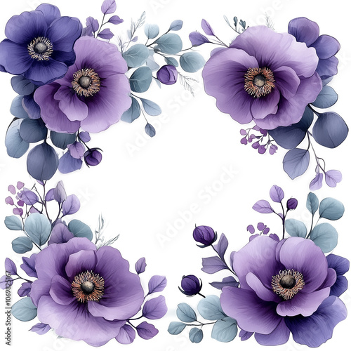 Wallpaper Mural Watercolor floral border - frame. Violet flowers and eucalyptus greenery illustration isolated on transparent background. Purple roses, lilac peony for wedding stationary Torontodigital.ca