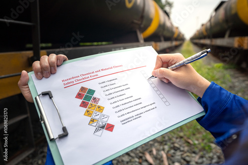 A worker is checking on chemical hazardous material checklist form with background of train tanker that prepare for transport. Industrial safety working practice concept, close-up and selective focus. photo