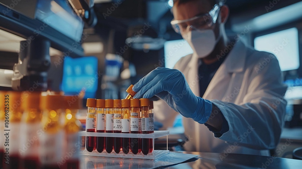 Scientist working in a lab with blood test tubes. Scientist working in a lab with blood test tubes.