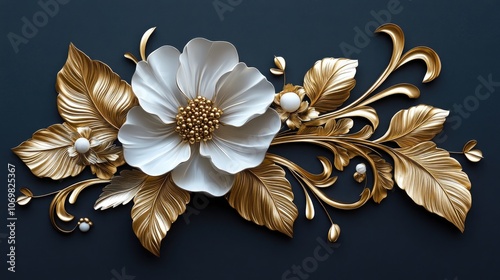 Refined Gold and White Embossed Floral Design on Matte Black Background – Elegant and Luxurious Flower and Leaf Motif, Ideal for Invitations, High-End Event Design