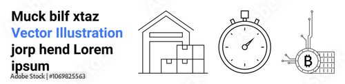 Warehouse storing boxes, stopwatch icon, and Bitcoin circuitry element. Ideal for logistics, time management, cryptocurrency, tech industry, supply chain, financial services, digital platforms