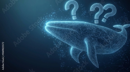 Abstract Whale with an Array of Question Marks, Featuring a Dark Blue Background, Low Poly Wireframe, and Glowing Particles for a Contemporary Digital Design. photo