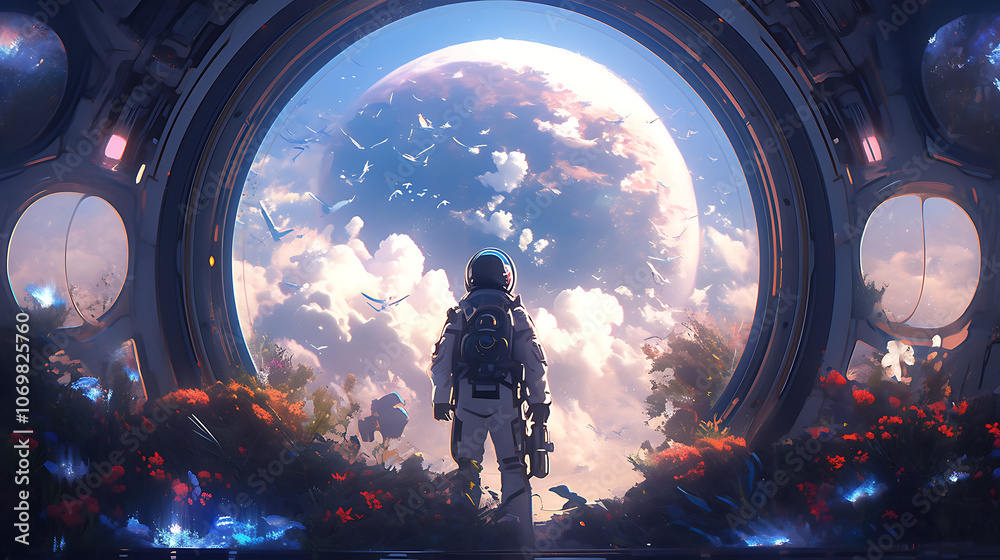 cartoon astronaut on alien planet with beautiful view cartoon astronaut on alien planet with beautiful view