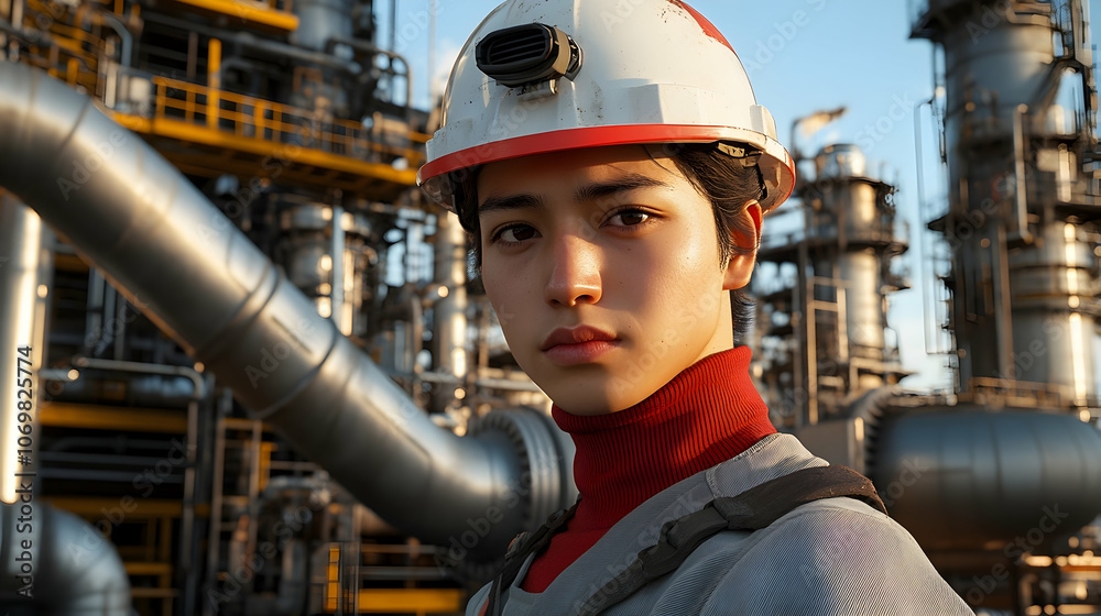 Industrial worker in hard hat, confident expression, refinery background Industrial worker in hard hat, confident expression, refinery background