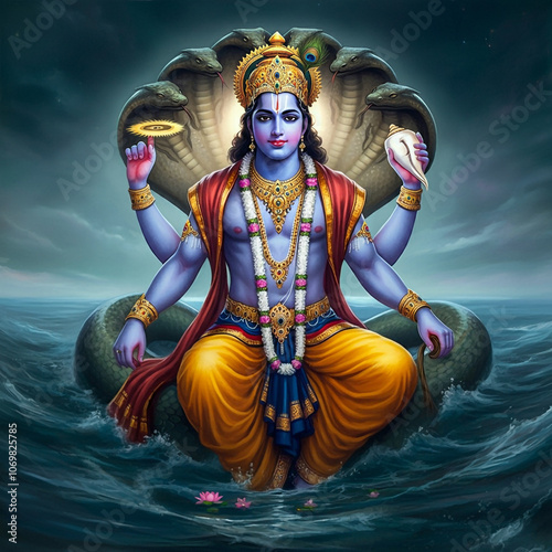 Majestic image of Lord Vishnu seated on Sheshnag in the cosmic ocean, symbolizing protection, preservation, and divine cosmic balance photo