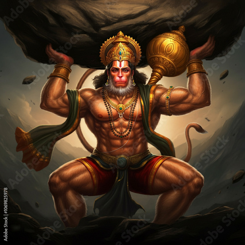 Majestic image of Lord Hanuman holding a mountain and his mace, embodying his role as a protector, symbol of strength, and devotion to Lord Rama