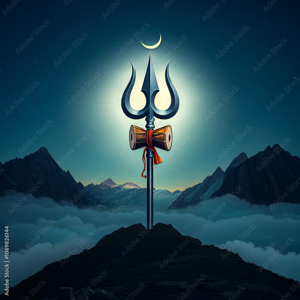 Naklejka premium Iconic representation of Lord Shiva's trident (Trishul) against a night sky, symbolizing strength, cosmic power, and divine protection