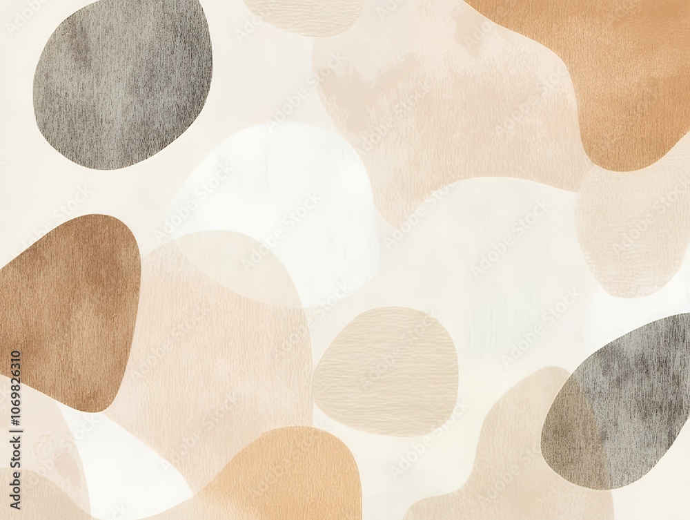 Abstract composition with organic, irregular shapes in muted earth tones of beige, tan, and gray on a light background. Minimalistic design for wallpaper, textile, and modern decor. Abstract composition with organic, irregular shapes in muted earth tones of beige, tan, and gray on a light background. Minimalistic design for wallpaper, textile, and modern decor.