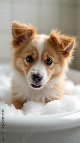 Adorable Dog in Bubble Bath with Soap Suds