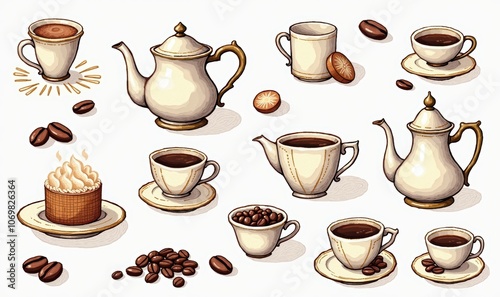 A delightful collection of coffee and tea accessories, featuring cups, teapots, and desserts, perfect for food and beverage branding, menus, or café promotions.