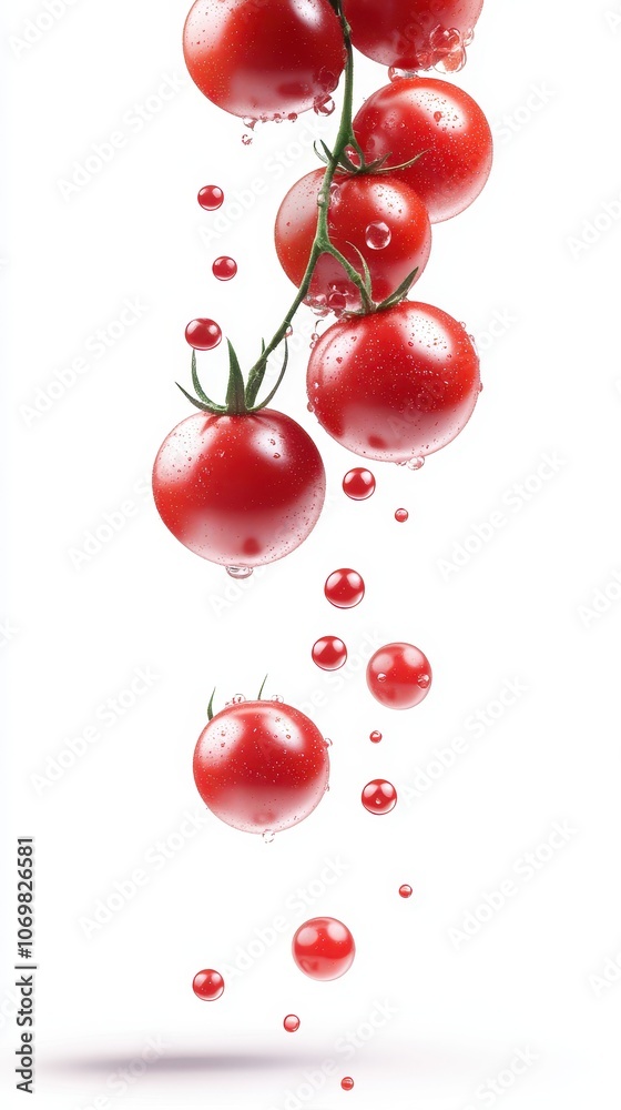 Cherry Tomatoes Splash: Juicy, ripe cherry tomatoes cascade down, creating a vibrant, refreshing splash of color and freshness. Perfect for culinary and lifestyle imagery.