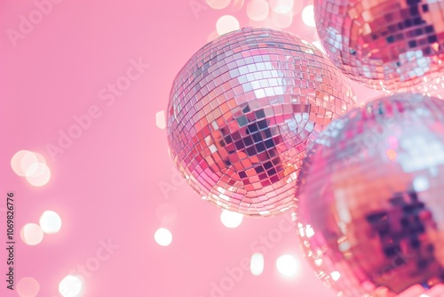 Shiny disco balls indoors  toned in pink. Space for text