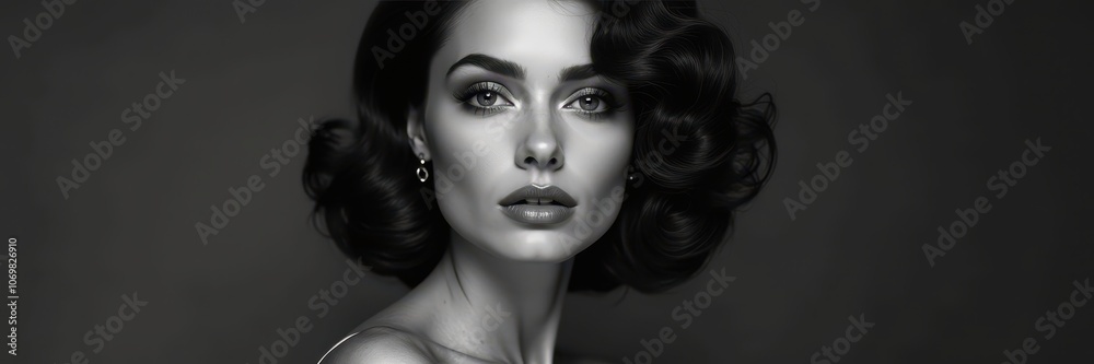 Fototapeta premium A stunning black and white portrait of a woman with glamorous vintage styling and alluring eyes, perfect for beauty, fashion, and editorial projects.