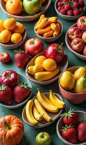 A vibrant array of fresh fruits displayed in elegant bowls, ideal for food-related projects, health promotion, and culinary inspirations. photo