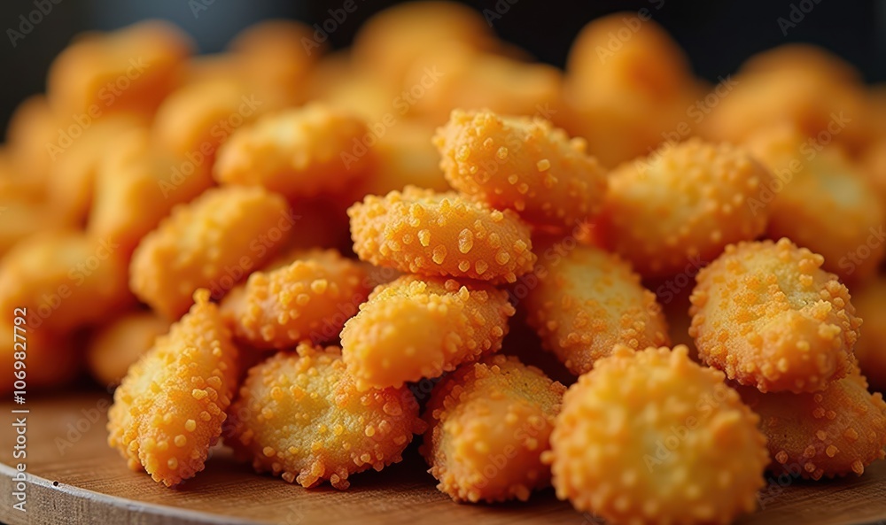 Crispy, golden-brown snacks piled high on a wooden platter, perfect for showcasing appetizers, party platters, or snack food advertising. Crispy, golden-brown snacks piled high on a wooden platter, perfect for showcasing appetizers, party platters, or snack food advertising.