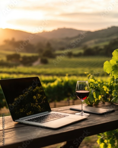 Freelancer enjoys a workcation at a vineyard cafe with laptop and glass of wine photo