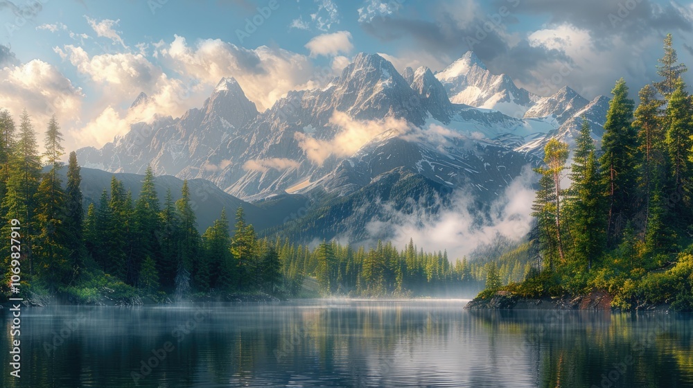Breathtaking view of towering mountains partially enveloped in mist, reflected in a tranquil lake surrounded by lush evergreen forests. A perfect representation of nature's beauty and serenity. Breathtaking view of towering mountains partially enveloped in mist, reflected in a tranquil lake surrounded by lush evergreen forests. A perfect representation of nature's beauty and serenity.