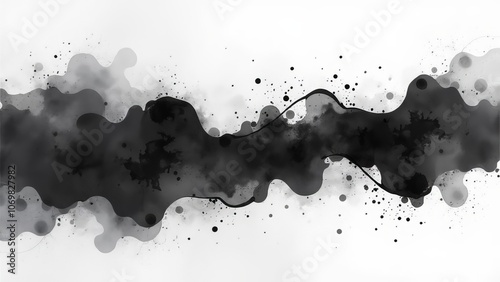 A black and white painting of a line of black paint with white splatters