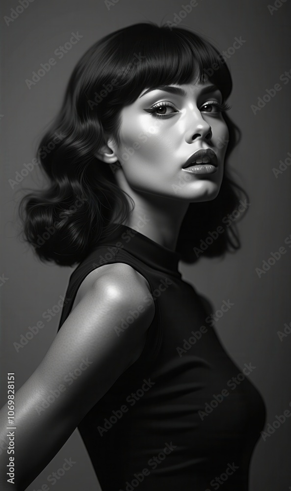 A striking black and white portrait of a confident woman, showcasing elegance and beauty, perfect for fashion, beauty, or advertising projects. A striking black and white portrait of a confident woman, showcasing elegance and beauty, perfect for fashion, beauty, or advertising projects.