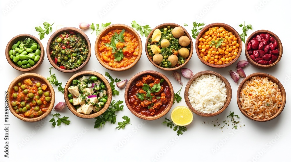 Assortment of Indian Dishes in Wooden Bowls Assortment of Indian Dishes in Wooden Bowls