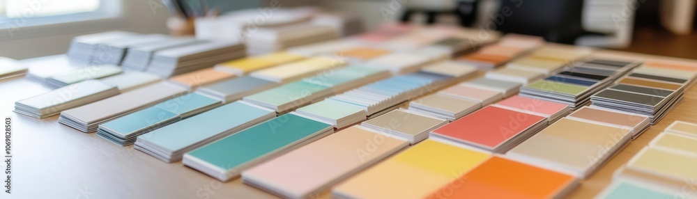 Various shades of paint color cards spread out on an office desk, soft light, high detail, realistic workspace setting Various shades of paint color cards spread out on an office desk, soft light, high detail, realistic workspace setting