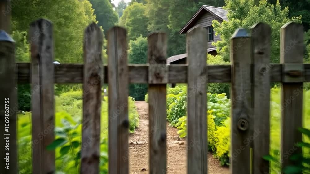 A wooden fence around a small garden with vegetables, emphasizing home life. A wooden fence around a small garden with vegetables, emphasizing home life.