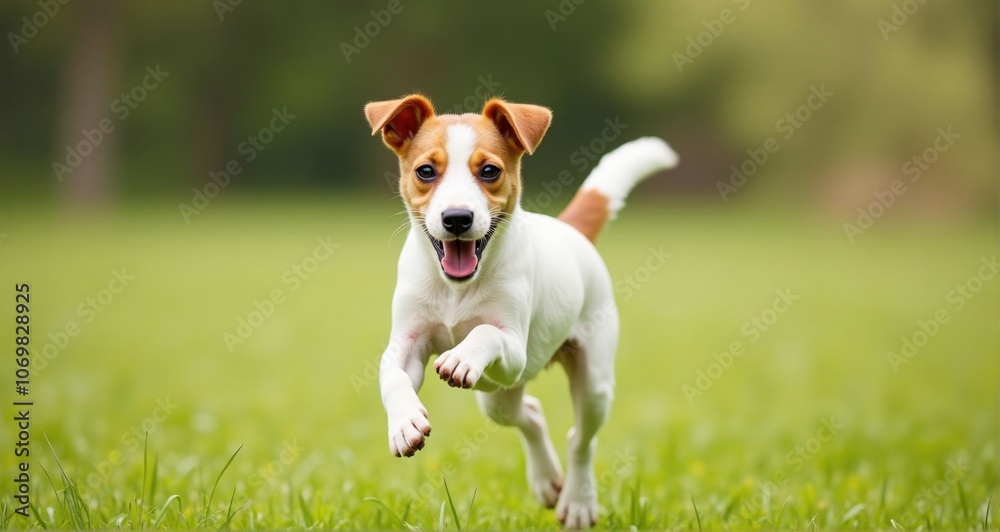 Playful puppy running joyfully in the grass Playful puppy running joyfully in the grass