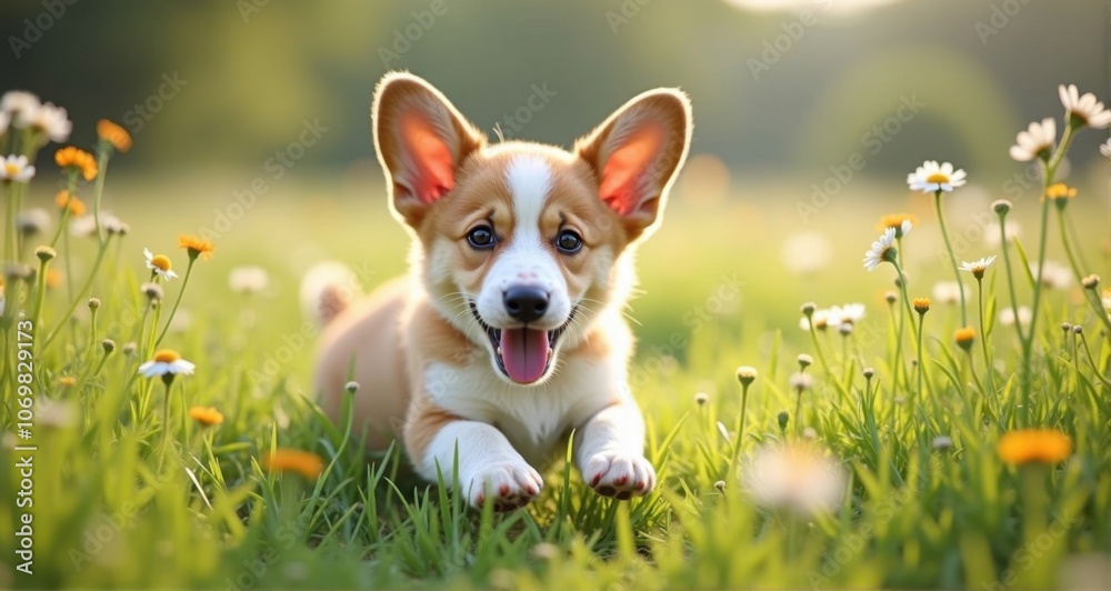 Happy corgi puppy in a flower field