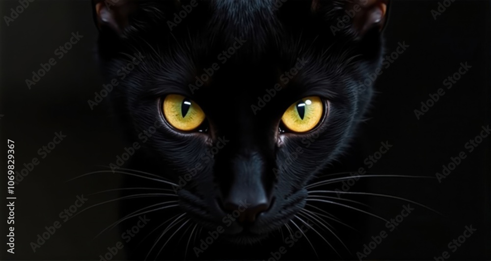 Close-up of a black cat's striking eyes