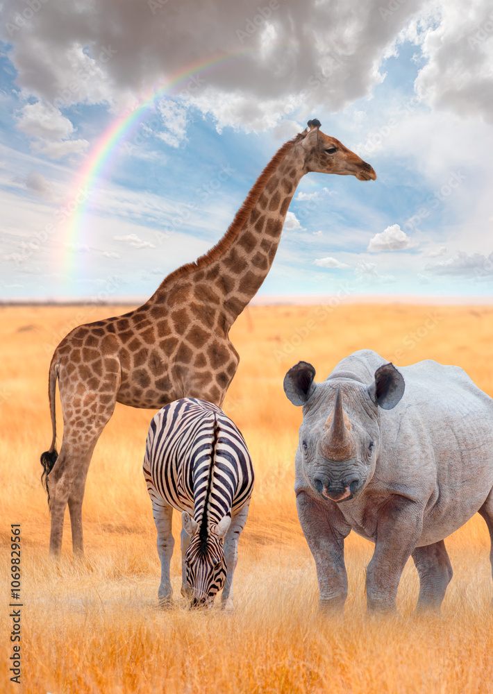 Naklejka premium White rhino grazing at wild, group of zebra and giraffe in the background at amazing rainbow - Ethosha national park, Namibia 