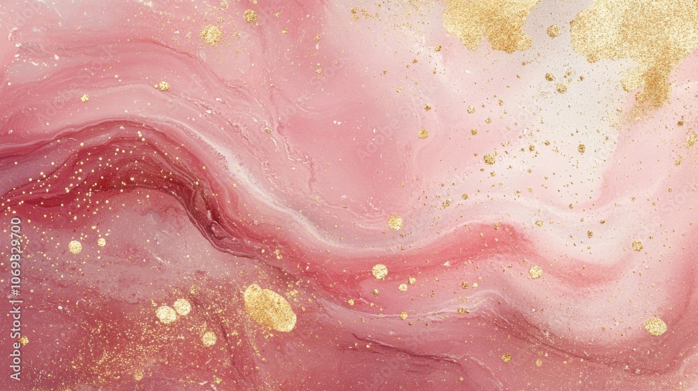 Fototapeta premium Dusty blush pink watercolor effect with golden dots; elegant, abstract background with marble texture and fine, sparkling details