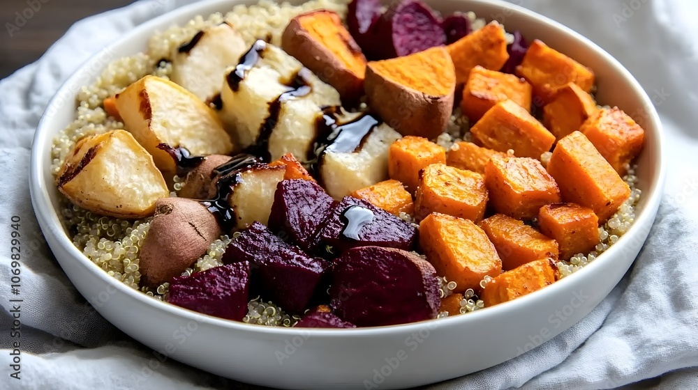 Hearty and flavorful quinoa bowl filled with a vibrant medley of roasted root vegetables including carrots beets and sweet potatoes finished with a drizzle of tangy balsamic glaze Hearty and flavorful quinoa bowl filled with a vibrant medley of roasted root vegetables including carrots beets and sweet potatoes finished with a drizzle of tangy balsamic glaze