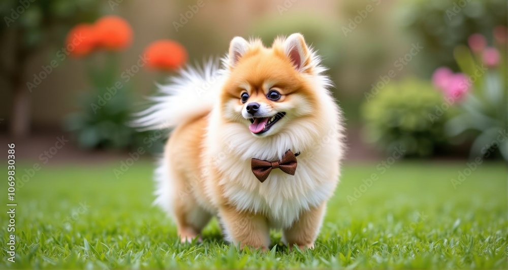 Playful fluffy Pomeranian in garden Playful fluffy Pomeranian in garden
