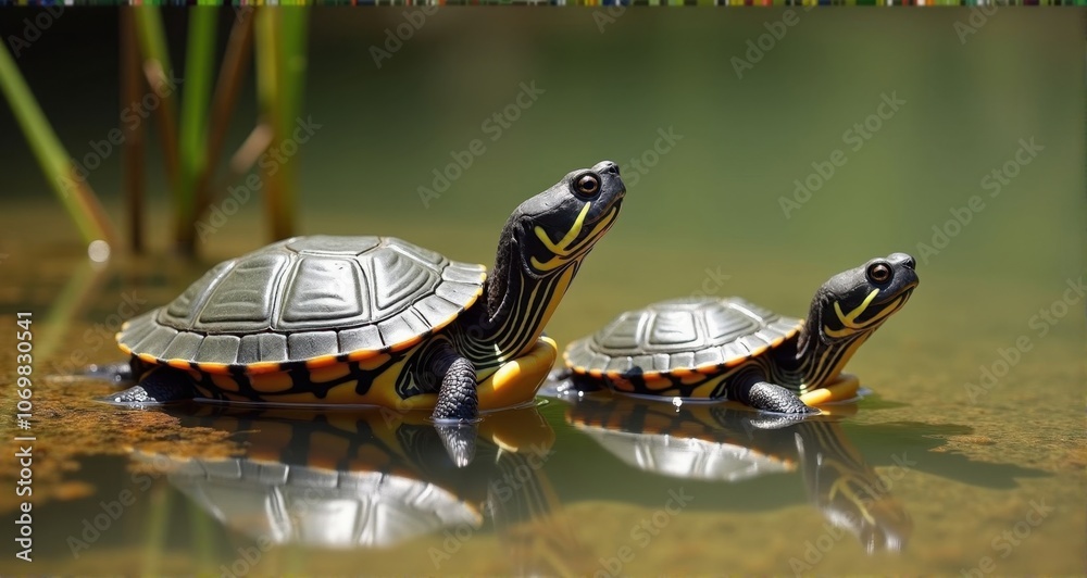 Two vibrant turtles basking in water Two vibrant turtles basking in water