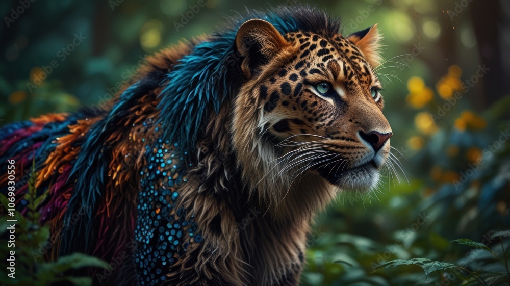 Fototapeta premium a surreal and fantastical scene where a majestic leopard is adorned with vibrant, iridescent feathers.
