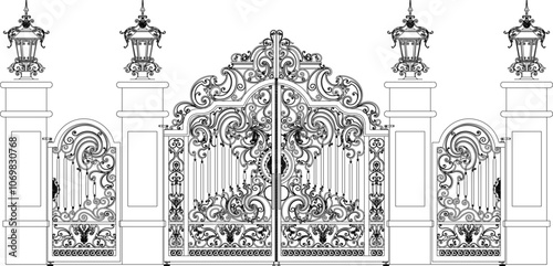 classic vintage old iron fence gate ethnic European style with floral accessories