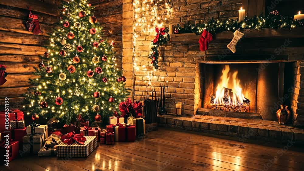 A decorated Christmas tree stands beside a roaring fireplace in a rustic cabin A decorated Christmas tree stands beside a roaring fireplace in a rustic cabin