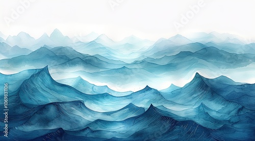 Ocean waves, water wave watercolor illustration. 