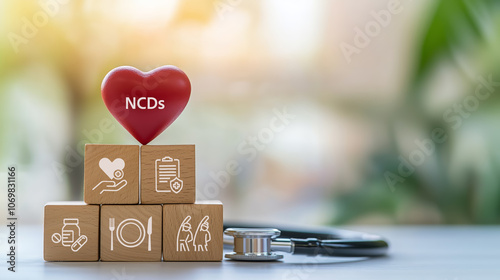 Prevention, detection and treatment of NCDs concept. Wooden blocks with NCDs icons related to non-communicable diseases (NCDs). Healthcare strategies for NCDs. photo